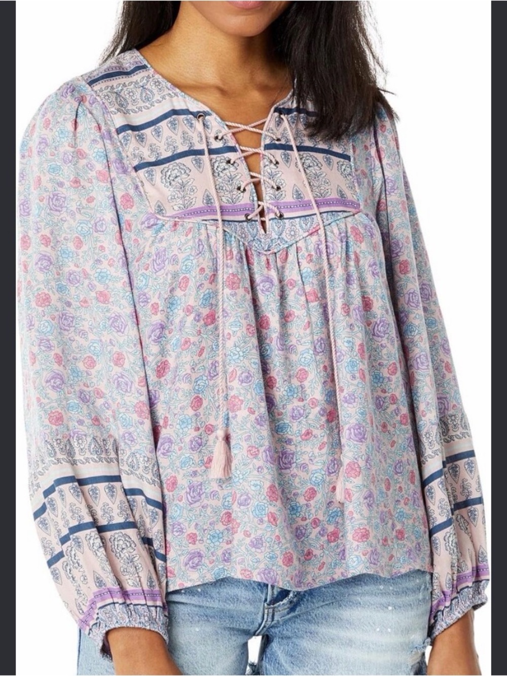 LUCKY BRAND Women's Lace-Up Boho Floral Peasant Top - Pink Lavender size XL